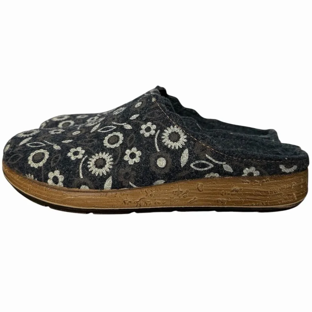 Floral Comfort Clogs Slip On Mule Shoes Blue Charcoal Wool Blend Sz 9 EURO 39